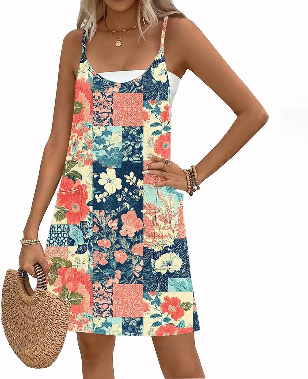 Womens Casual Sundress Trendy Flower Pattern Print Summer Dresses Sleeveless Loose Vacation Beach Dress