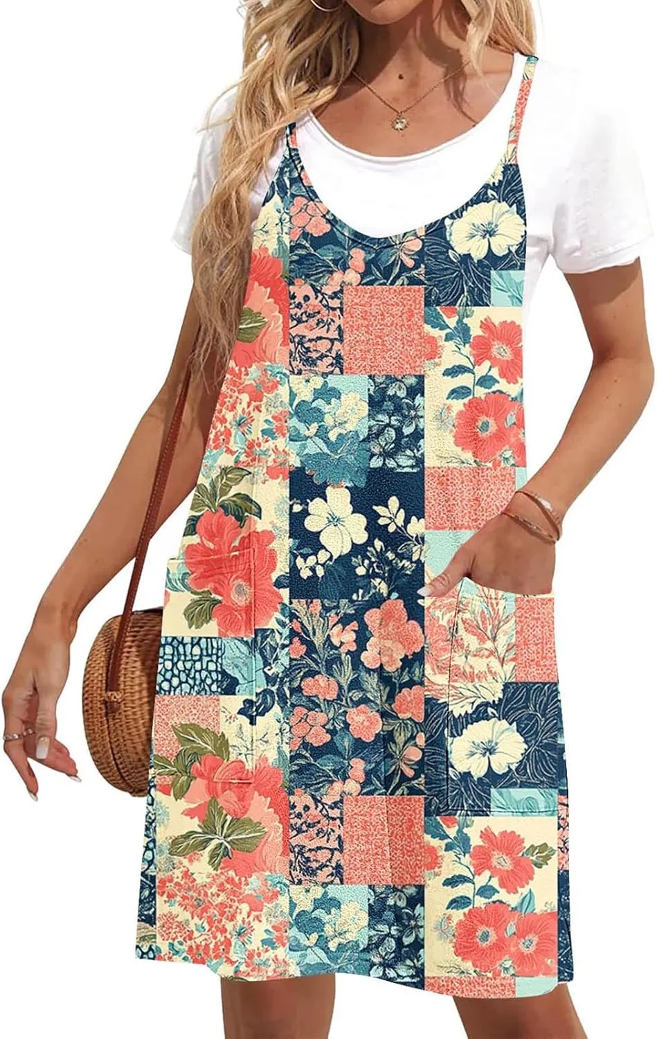Womens Casual Sundress Trendy Flower Pattern Print Summer Dresses Sleeveless Loose Vacation Beach Dress