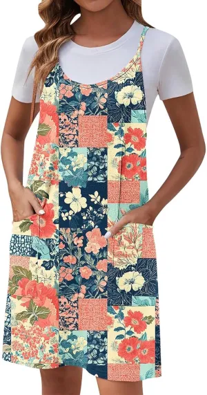 Womens Casual Sundress Trendy Flower Pattern Print Summer Dresses Sleeveless Loose Vacation Beach Dress