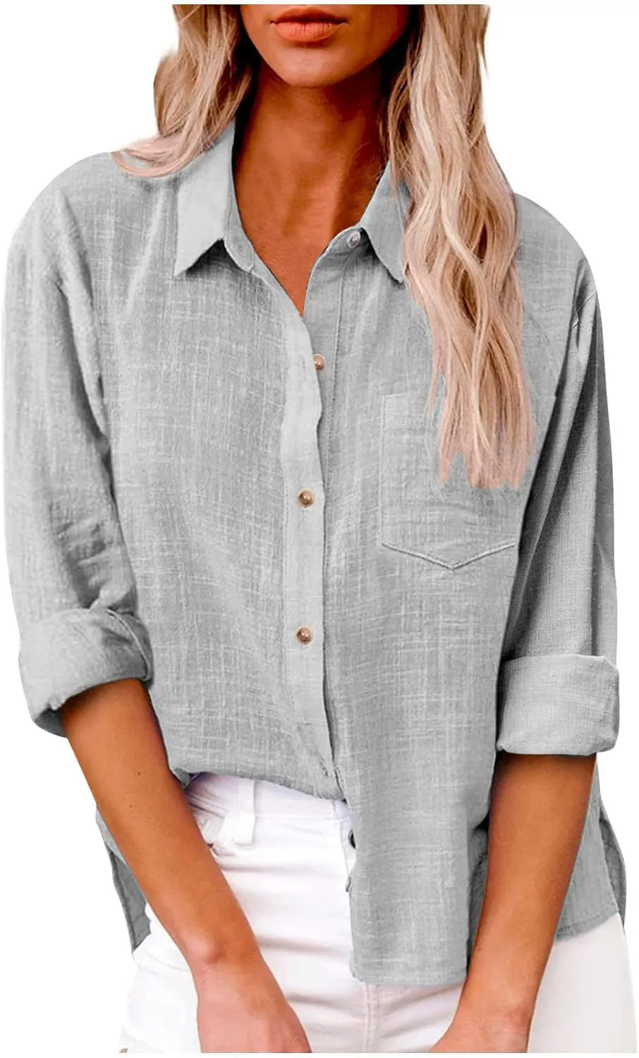 Womens Cotton Linen Button Down Shirts Long Sleeve Collared Gauze Blouses Business Casual Tshirts Loose Summer Tops