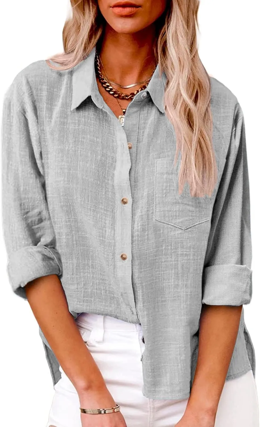 Womens Cotton Linen Button Down Shirts Long Sleeve Collared Gauze Blouses Business Casual Tshirts Loose Summer Tops
