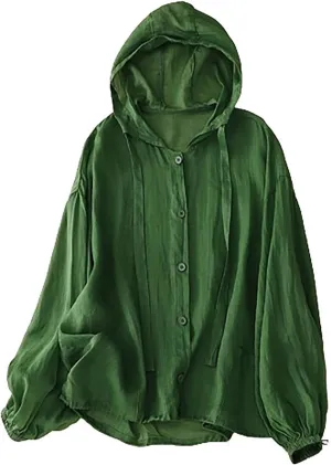 Womens Cotton Linen Hoodie Tops,Summer Fashion Hooded Long Sleeve Shirts Button Down Blouses for Women Dressy Casual