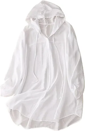 Womens Cotton Linen Hoodie Tops,Summer Fashion Hooded Long Sleeve Shirts Button Down Blouses for Women Dressy Casual
