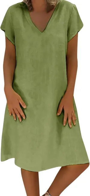 Women's Cotton Linen Midi Dresses V Neck Short Sleeve Plus Size Summer Dress Casual Beach Sundress Vacation Clothes 2025