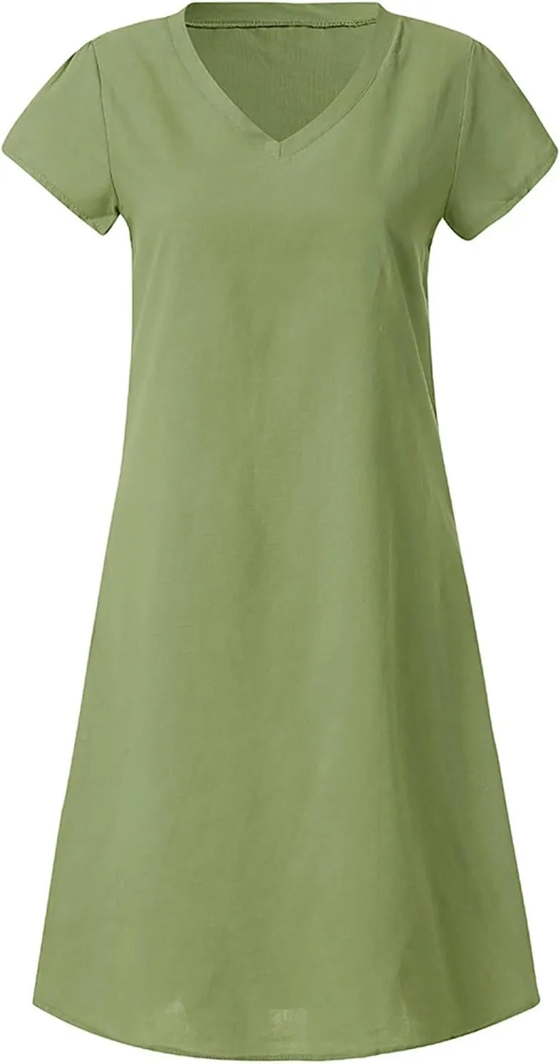 Women's Cotton Linen Midi Dresses V Neck Short Sleeve Plus Size Summer Dress Casual Beach Sundress Vacation Clothes 2025