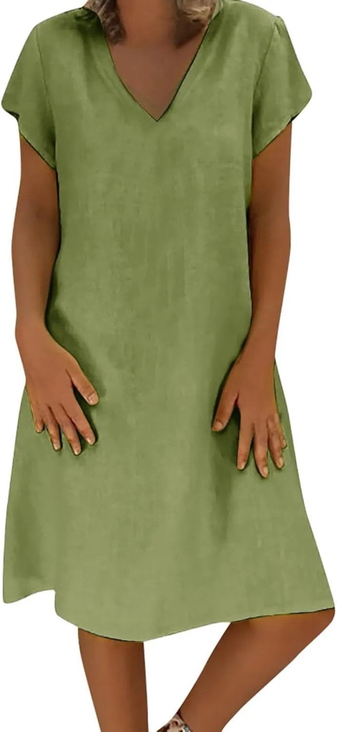 Women's Cotton Linen Midi Dresses V Neck Short Sleeve Plus Size Summer Dress Casual Beach Sundress Vacation Clothes 2025