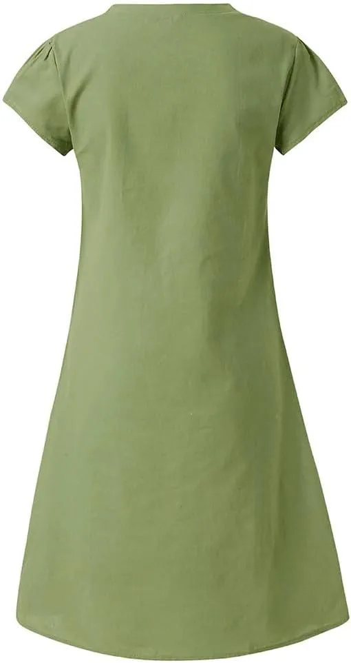 Women's Cotton Linen Midi Dresses V Neck Short Sleeve Plus Size Summer Dress Casual Beach Sundress Vacation Clothes 2025