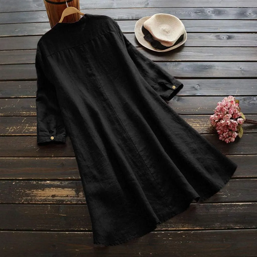 Women's Cotton Linen Shirt Button Down Long Hoodie Dress Blouse Long Sleeve Lightweight Soft Sleepwear Tunic Tops