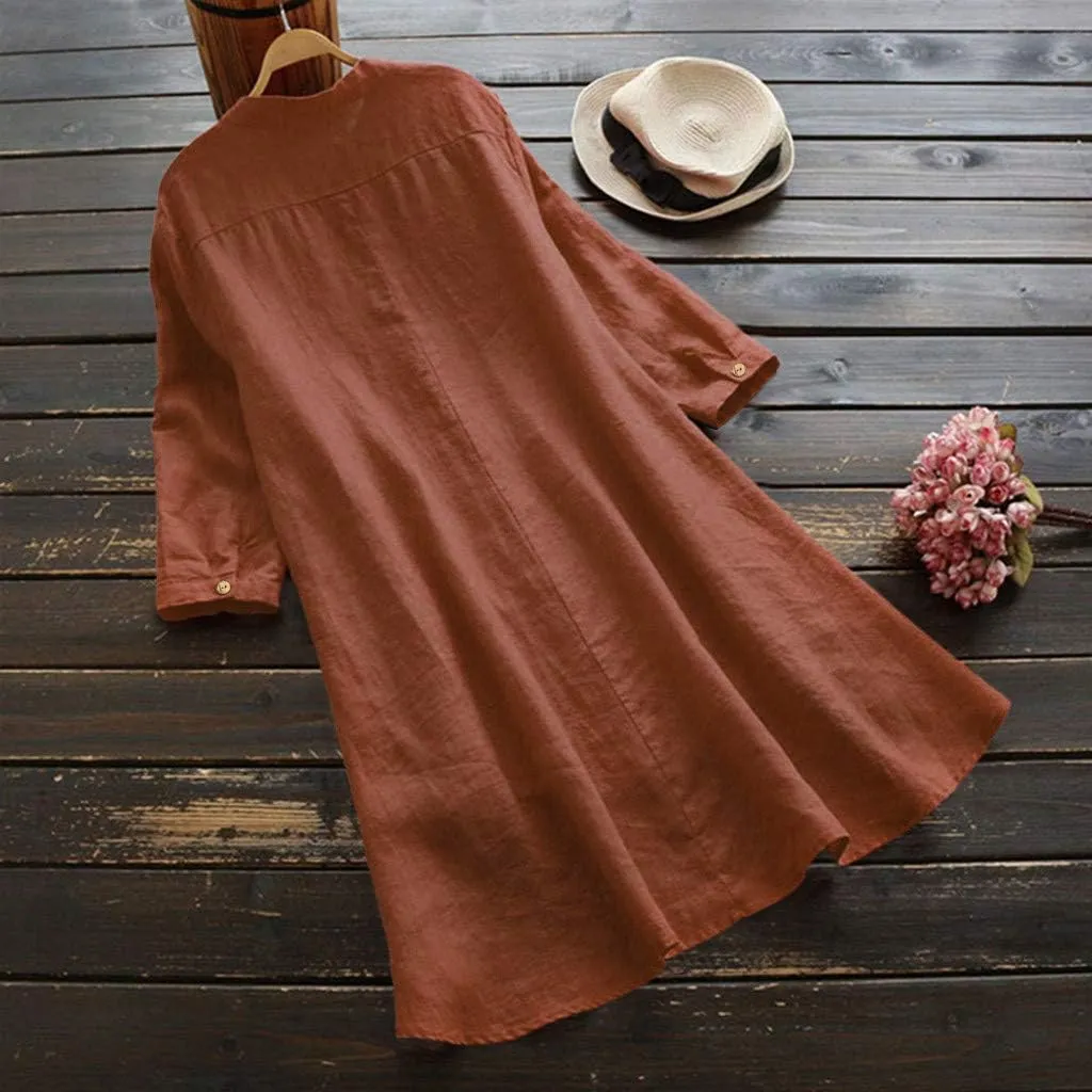 Women's Cotton Linen Shirt Button Down Long Hoodie Dress Blouse Long Sleeve Lightweight Soft Sleepwear Tunic Tops
