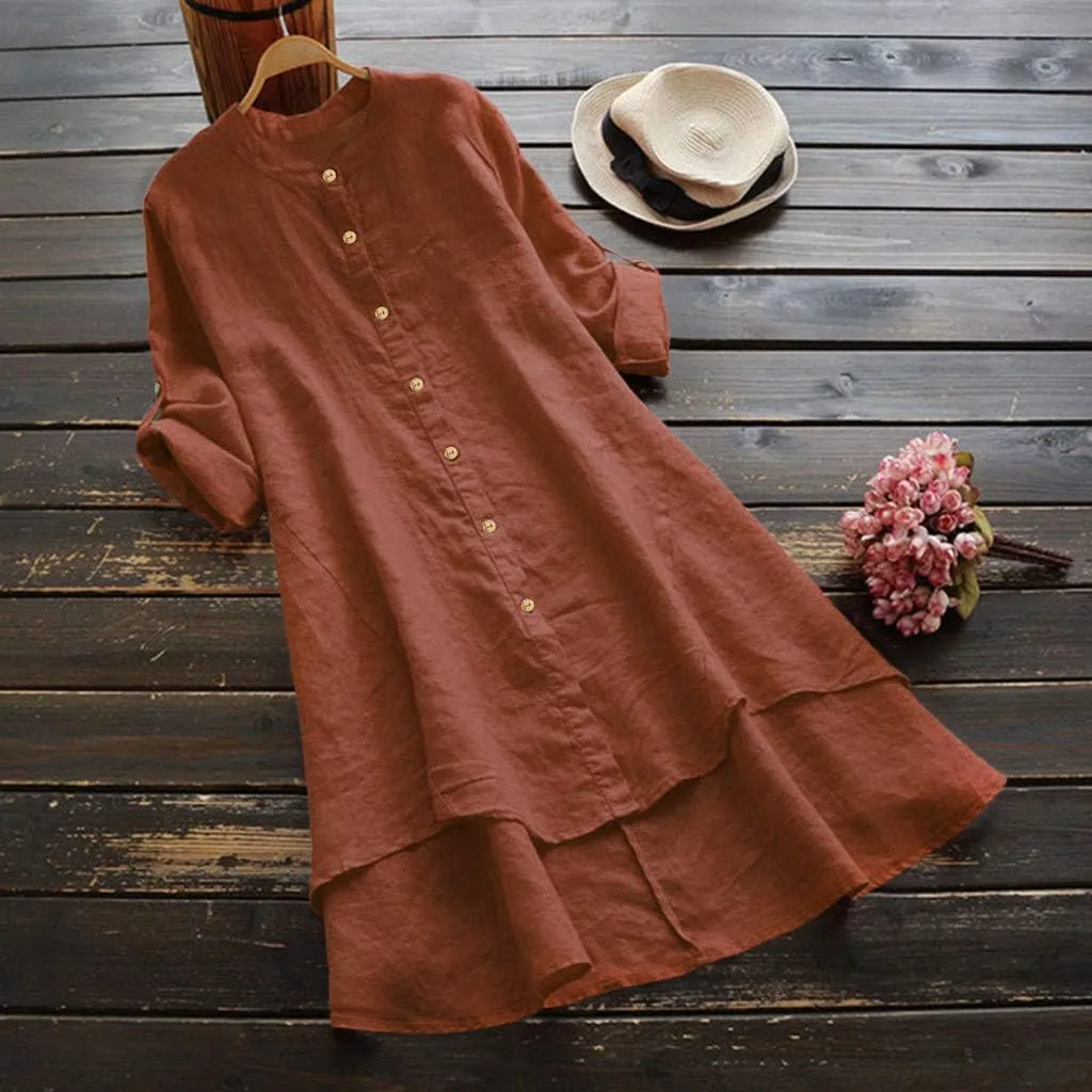 Women's Cotton Linen Shirt Button Down Long Hoodie Dress Blouse Long Sleeve Lightweight Soft Sleepwear Tunic Tops