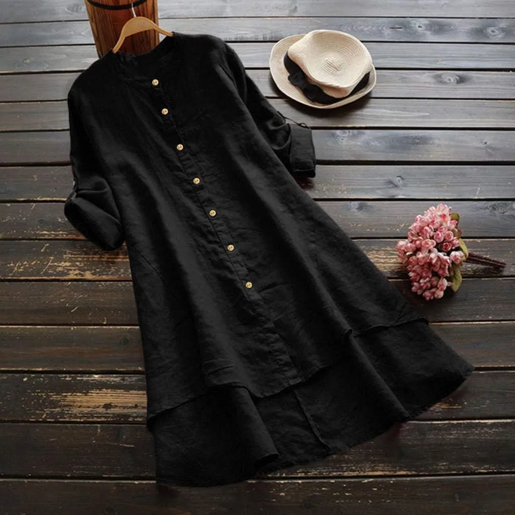 Women's Cotton Linen Shirt Button Down Long Hoodie Dress Blouse Long Sleeve Lightweight Soft Sleepwear Tunic Tops