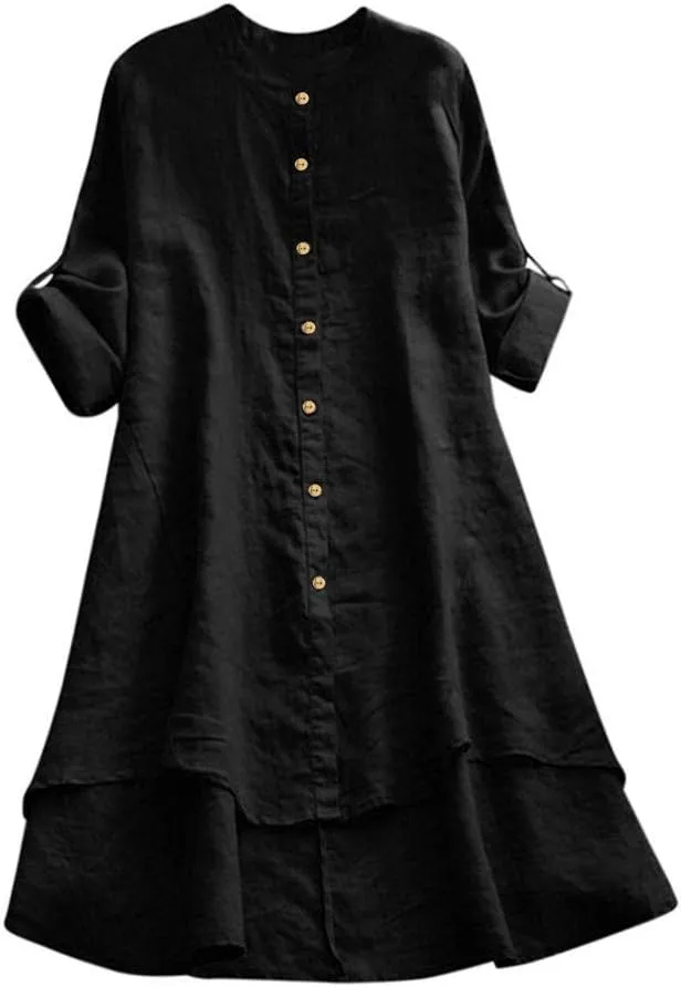 Women's Cotton Linen Shirt Button Down Long Hoodie Dress Blouse Long Sleeve Lightweight Soft Sleepwear Tunic Tops