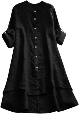 Women's Cotton Linen Shirt Button Down Long Hoodie Dress Blouse Long Sleeve Lightweight Soft Sleepwear Tunic Tops