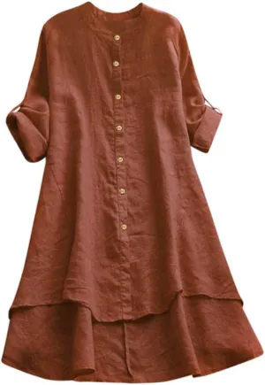 Women's Cotton Linen Shirt Button Down Long Hoodie Dress Blouse Long Sleeve Lightweight Soft Sleepwear Tunic Tops