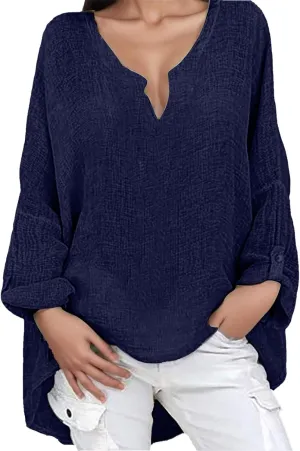 Womens Cotton Linen Shirt Dressy Casual Oversized V Neck Long Sleeve Gauze Shirts Loose Fit Boho Beach Tops