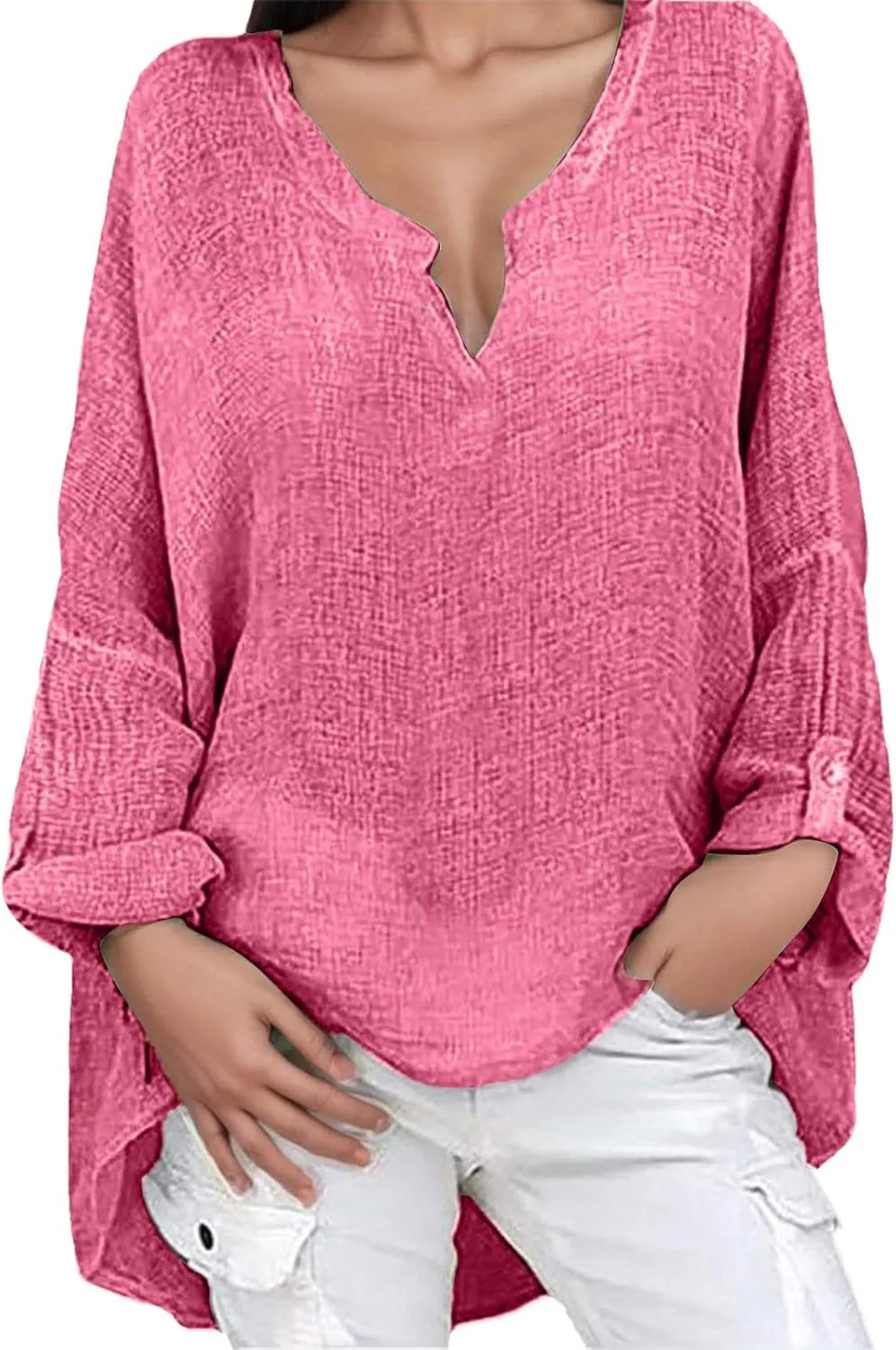 Womens Cotton Linen Shirt Dressy Casual Oversized V Neck Long Sleeve Gauze Shirts Loose Fit Boho Beach Tops