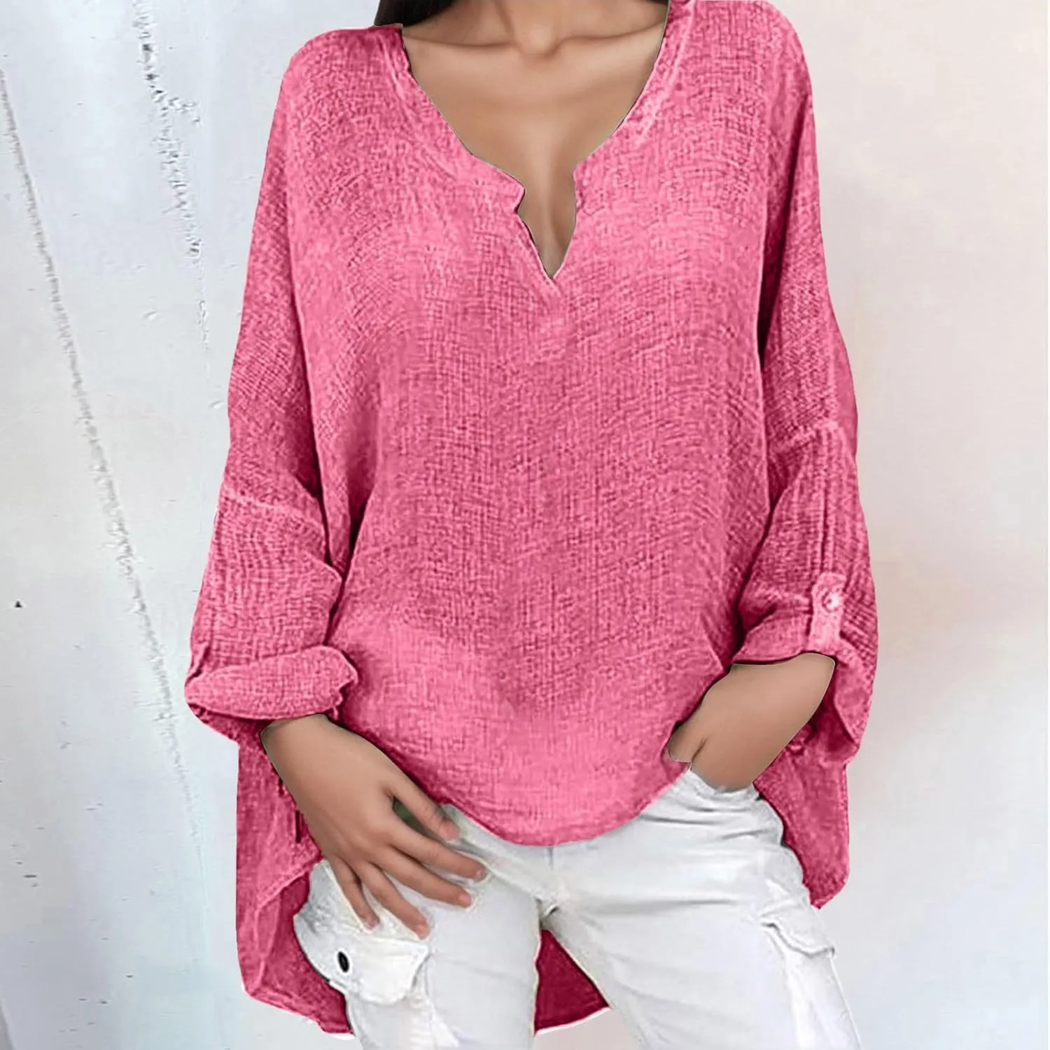 Womens Cotton Linen Shirt Dressy Casual Oversized V Neck Long Sleeve Gauze Shirts Loose Fit Boho Beach Tops