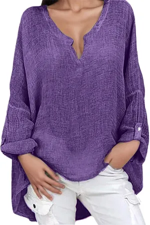 Womens Cotton Linen Shirt Dressy Casual Oversized V Neck Long Sleeve Gauze Shirts Loose Fit Boho Beach Tops