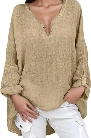 Womens Cotton Linen Shirt Dressy Casual Oversized V Neck Long Sleeve Gauze Shirts Loose Fit Boho Beach Tops
