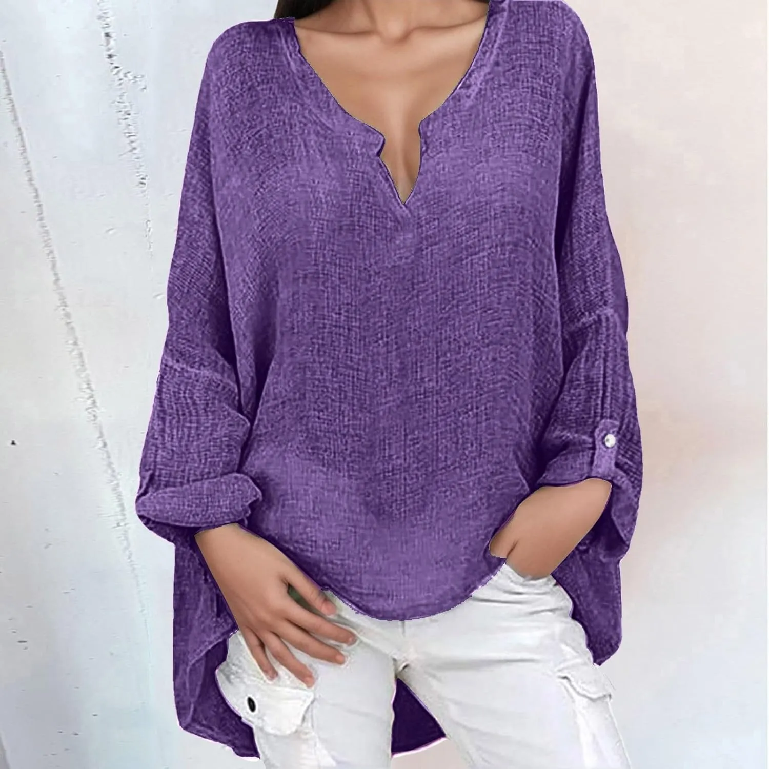 Womens Cotton Linen Shirt Dressy Casual Oversized V Neck Long Sleeve Gauze Shirts Loose Fit Boho Beach Tops