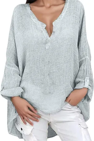 Womens Cotton Linen Shirt Dressy Casual Oversized V Neck Long Sleeve Gauze Shirts Loose Fit Boho Beach Tops