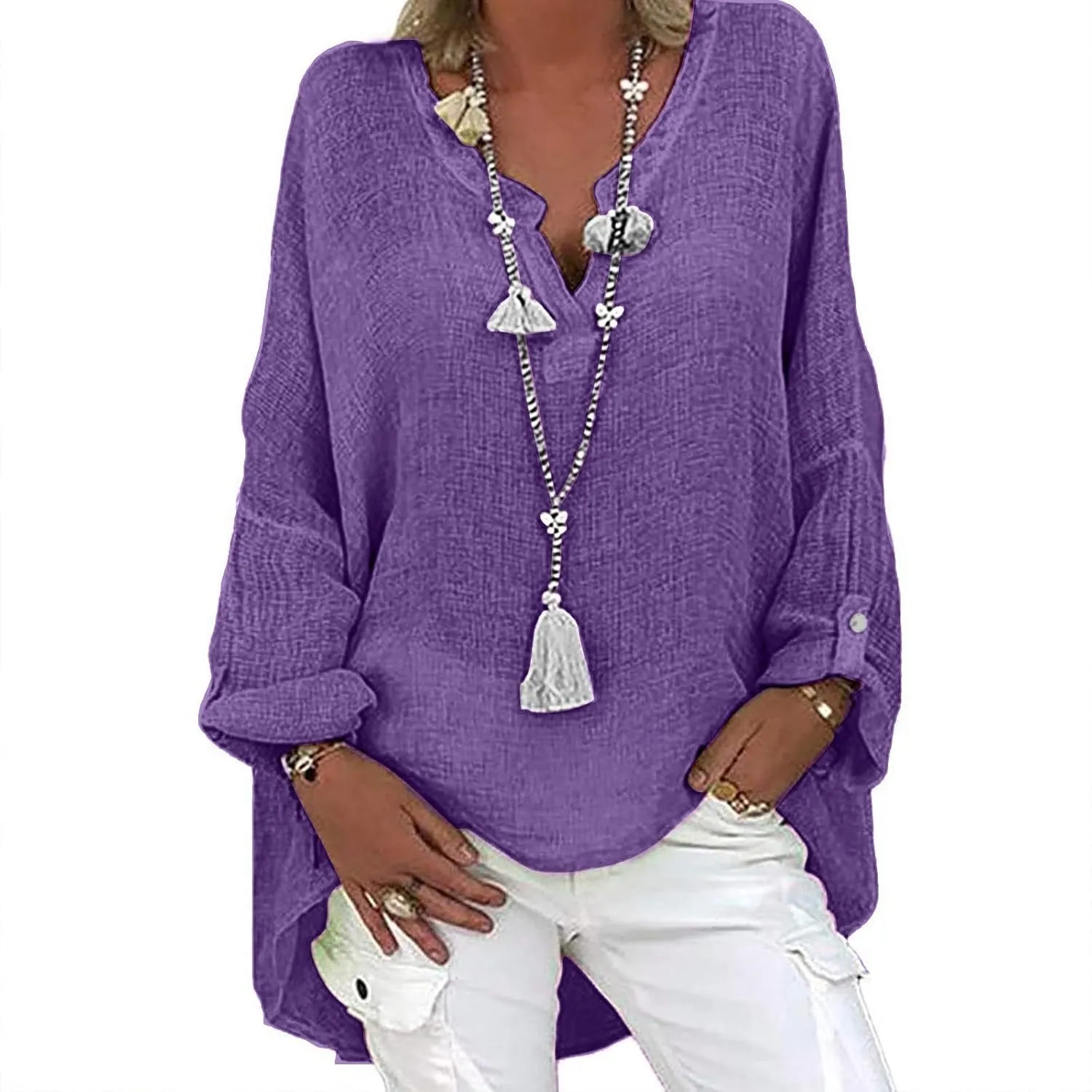 Womens Cotton Linen Shirt Dressy Casual Oversized V Neck Long Sleeve Gauze Shirts Loose Fit Boho Beach Tops