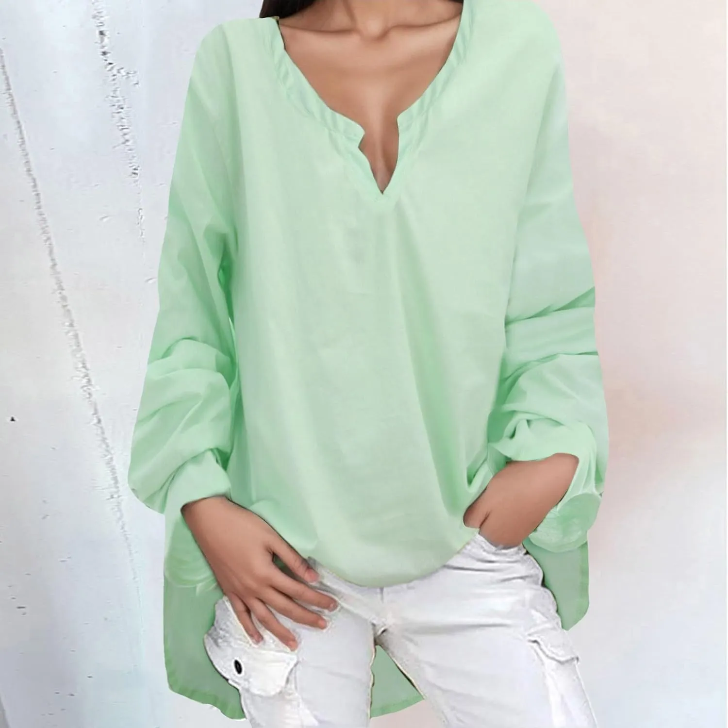 Womens Cotton Linen Shirt Dressy Casual Oversized V Neck Long Sleeve Gauze Shirts Loose Fit Boho Beach Tops