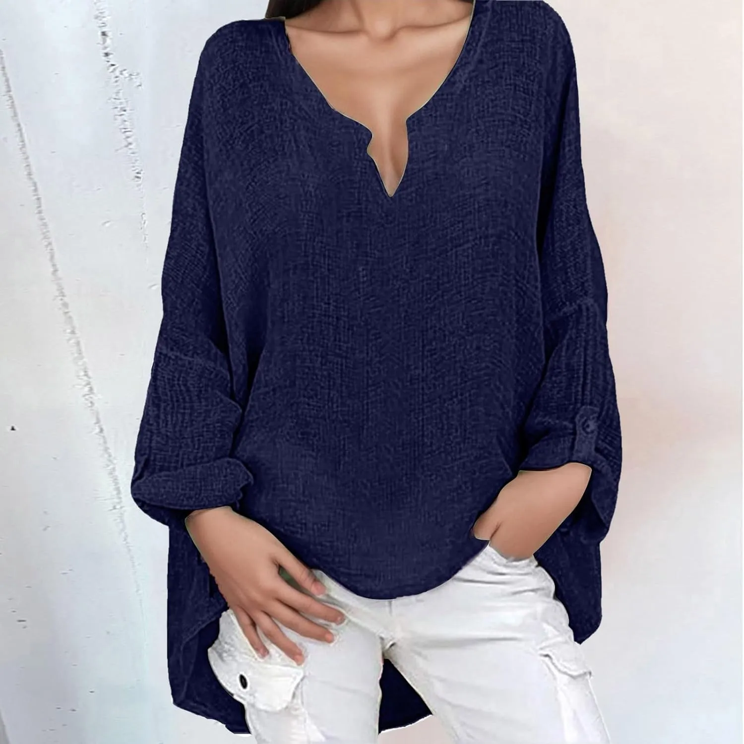 Womens Cotton Linen Shirt Dressy Casual Oversized V Neck Long Sleeve Gauze Shirts Loose Fit Boho Beach Tops