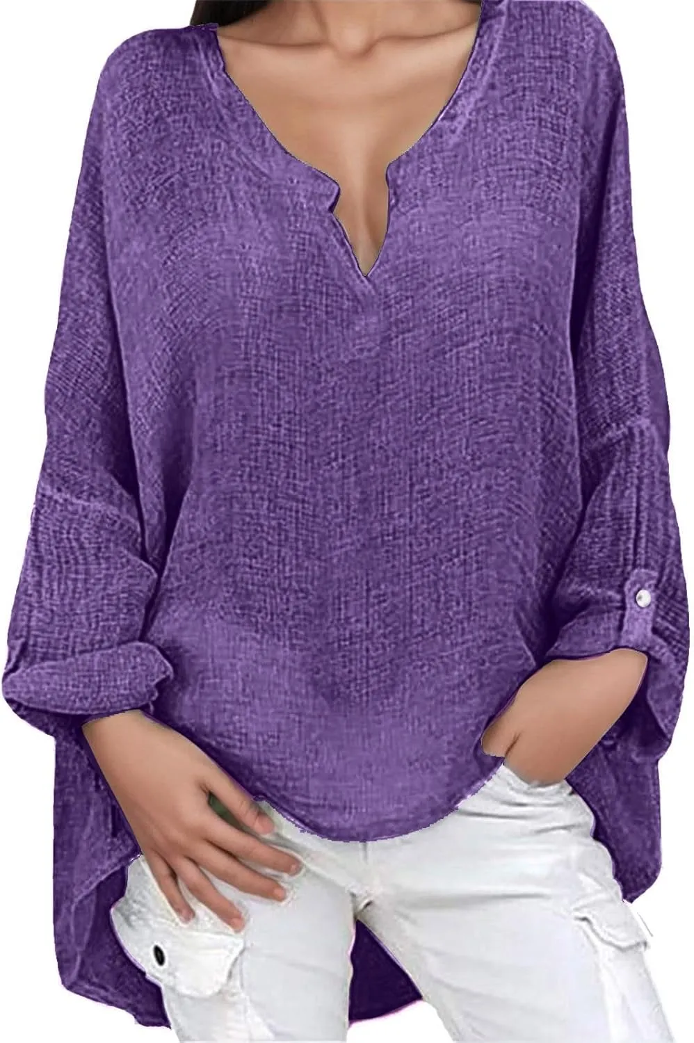 Womens Cotton Linen Shirt Dressy Casual Oversized V Neck Long Sleeve Gauze Shirts Loose Fit Boho Beach Tops