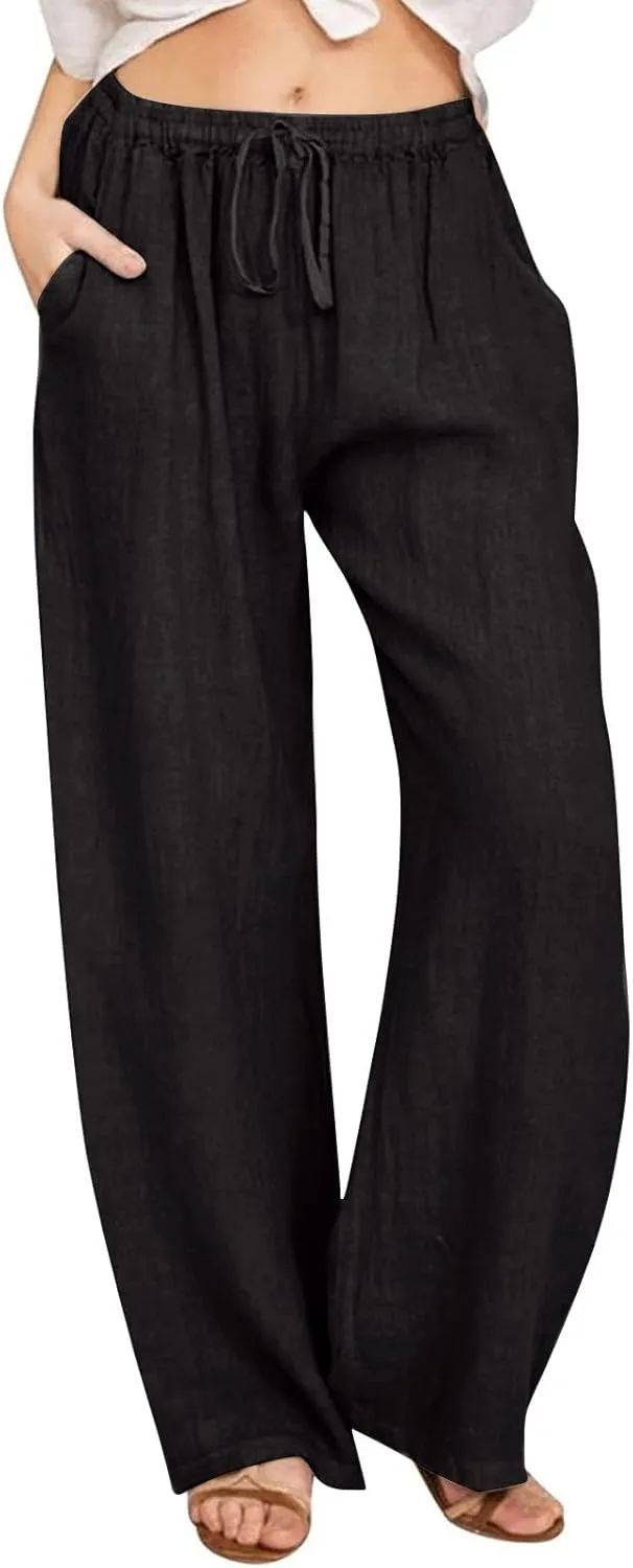 Women's Cotton Linen Wide Leg Pants High Waist Casual Comfy Palazzo Trousers with Drawstring for Summer 2025