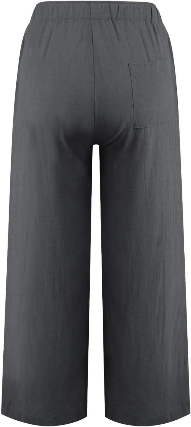 Women's Cotton Linen Wide Leg Pants High Waist Casual Comfy Palazzo Trousers with Drawstring for Summer 2025