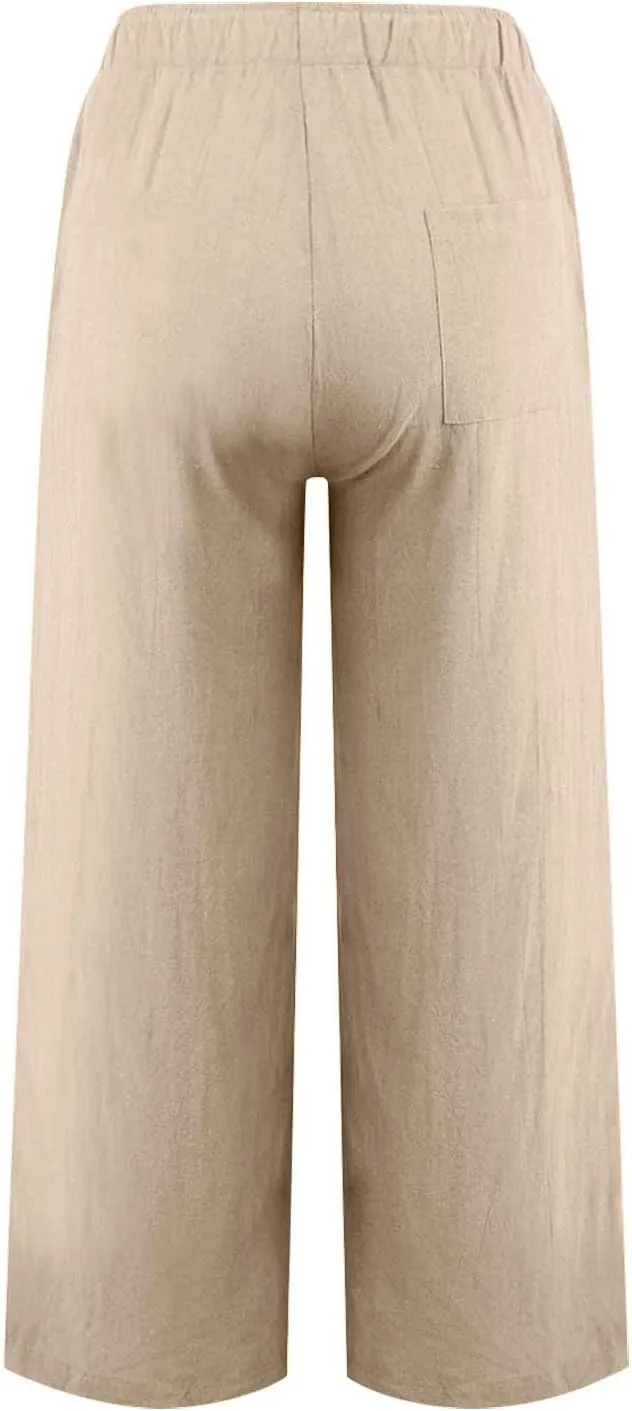 Women's Cotton Linen Wide Leg Pants High Waist Casual Comfy Palazzo Trousers with Drawstring for Summer 2025