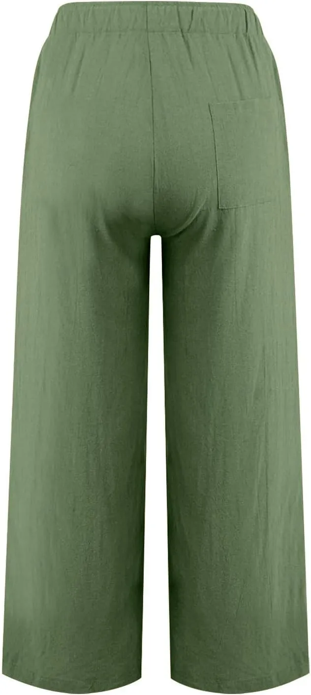 Women's Cotton Linen Wide Leg Pants High Waist Casual Comfy Palazzo Trousers with Drawstring for Summer 2025