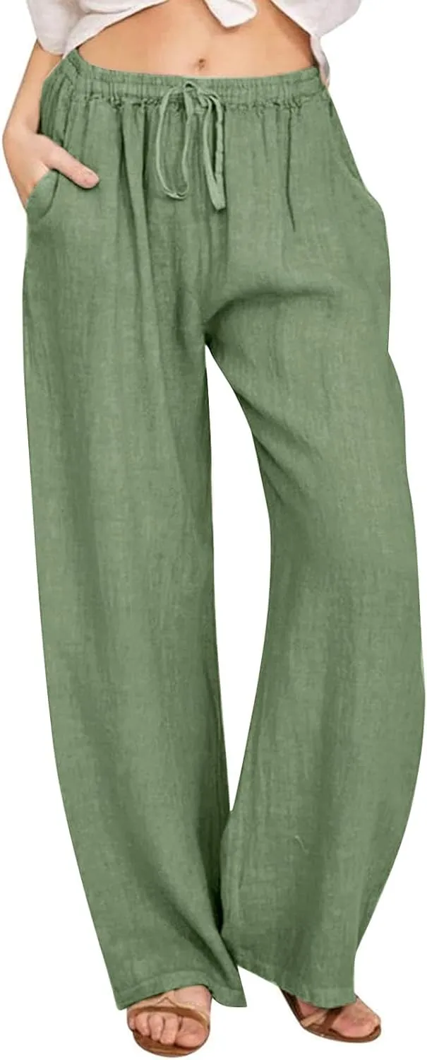Women's Cotton Linen Wide Leg Pants High Waist Casual Comfy Palazzo Trousers with Drawstring for Summer 2025