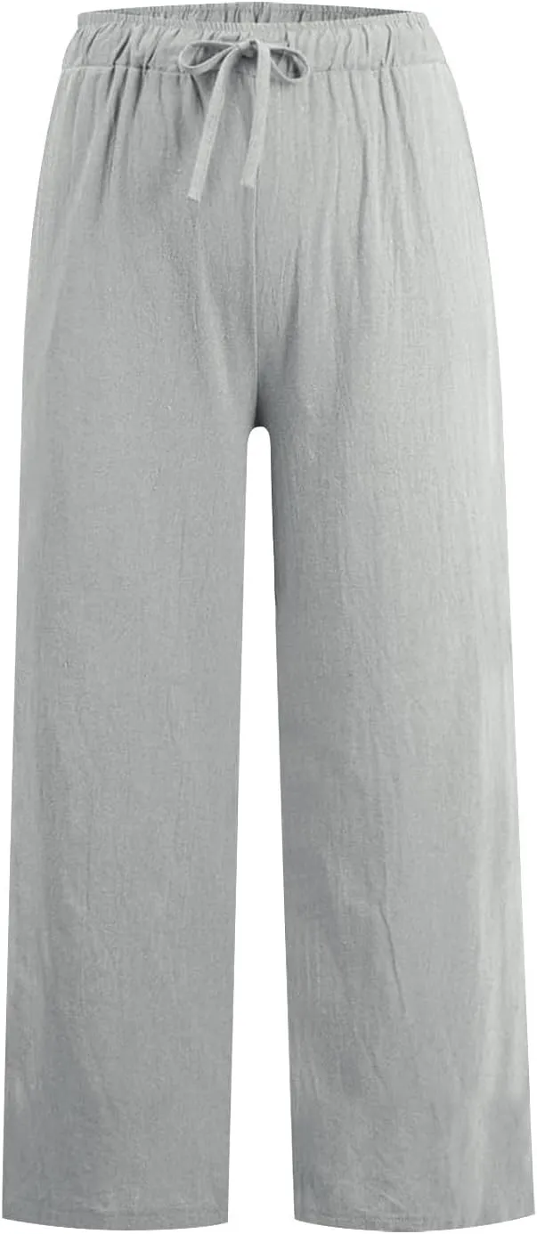 Women's Cotton Linen Wide Leg Pants High Waist Casual Comfy Palazzo Trousers with Drawstring for Summer 2025
