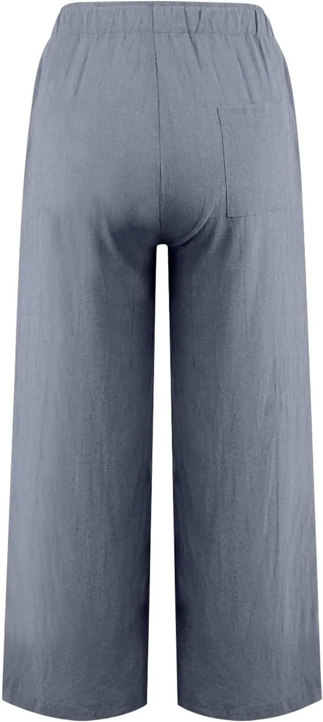Women's Cotton Linen Wide Leg Pants High Waist Casual Comfy Palazzo Trousers with Drawstring for Summer 2025