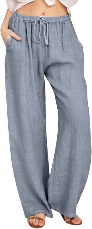 Women's Cotton Linen Wide Leg Pants High Waist Casual Comfy Palazzo Trousers with Drawstring for Summer 2025