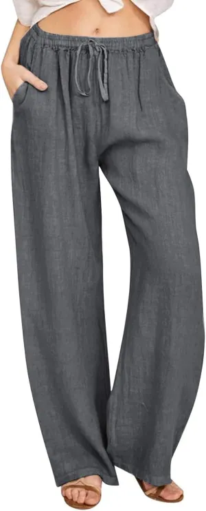 Women's Cotton Linen Wide Leg Pants High Waist Casual Comfy Palazzo Trousers with Drawstring for Summer 2025