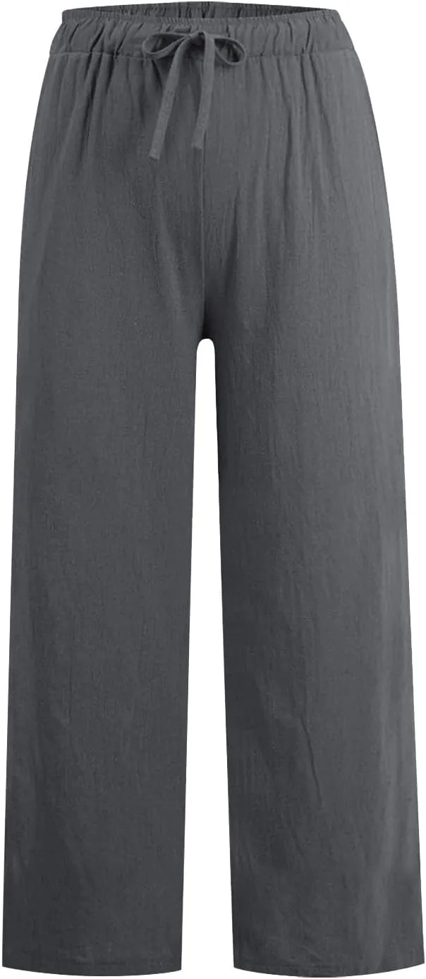 Women's Cotton Linen Wide Leg Pants High Waist Casual Comfy Palazzo Trousers with Drawstring for Summer 2025