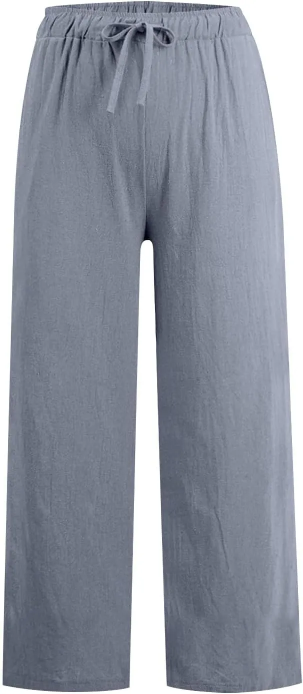 Women's Cotton Linen Wide Leg Pants High Waist Casual Comfy Palazzo Trousers with Drawstring for Summer 2025