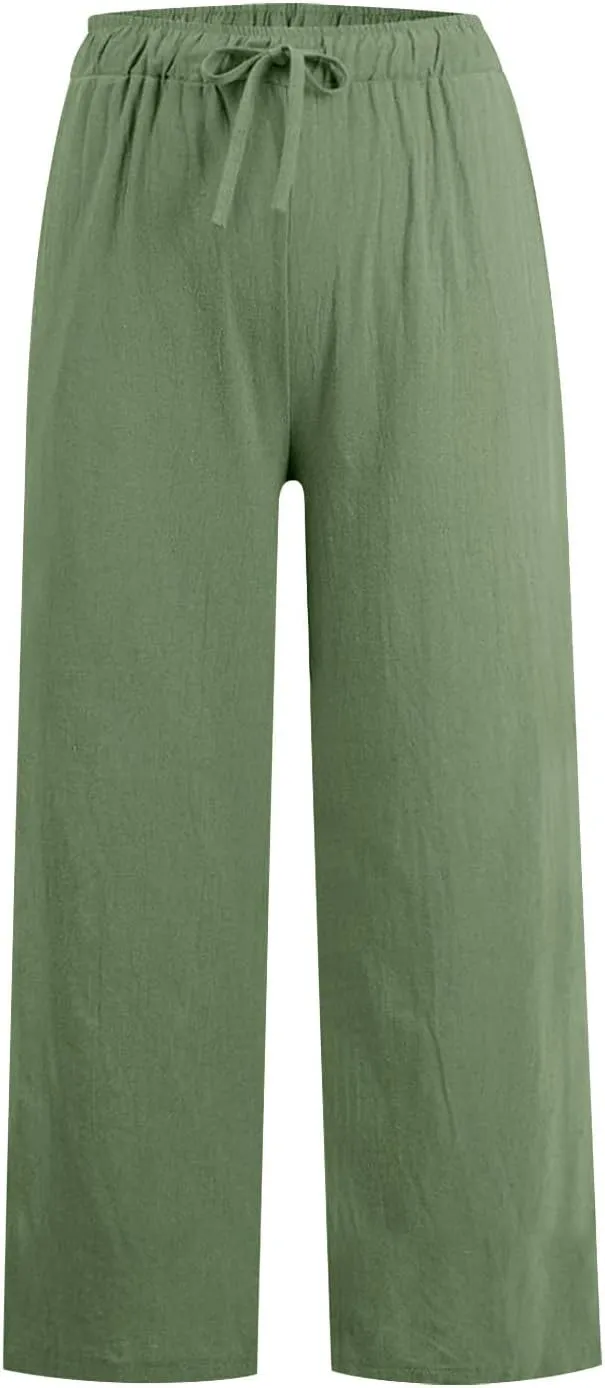 Women's Cotton Linen Wide Leg Pants High Waist Casual Comfy Palazzo Trousers with Drawstring for Summer 2025