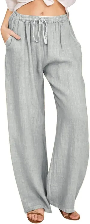 Women's Cotton Linen Wide Leg Pants High Waist Casual Comfy Palazzo Trousers with Drawstring for Summer 2025