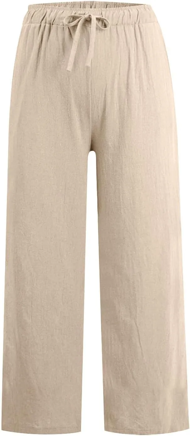 Women's Cotton Linen Wide Leg Pants High Waist Casual Comfy Palazzo Trousers with Drawstring for Summer 2025