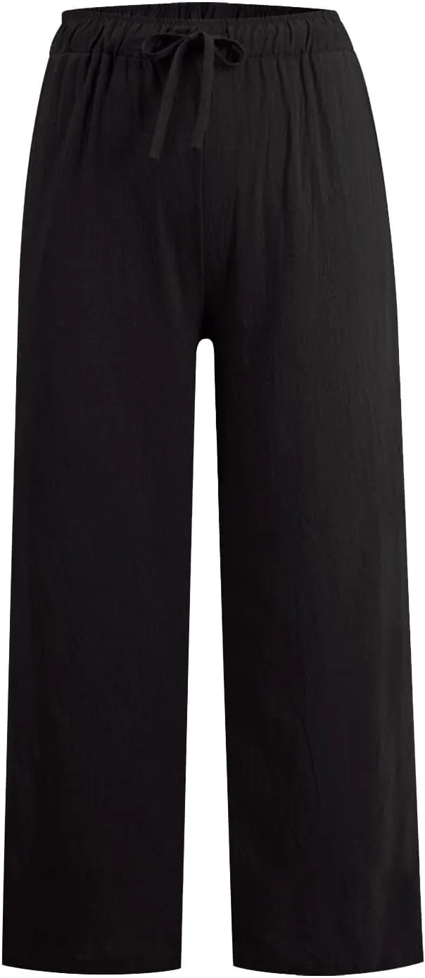 Women's Cotton Linen Wide Leg Pants High Waist Casual Comfy Palazzo Trousers with Drawstring for Summer 2025