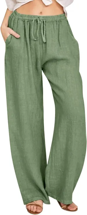 Women's Cotton Linen Wide Leg Pants High Waist Casual Comfy Palazzo Trousers with Drawstring for Summer 2025