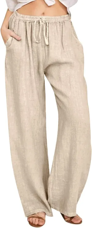 Women's Cotton Linen Wide Leg Pants High Waist Casual Comfy Palazzo Trousers with Drawstring for Summer 2025