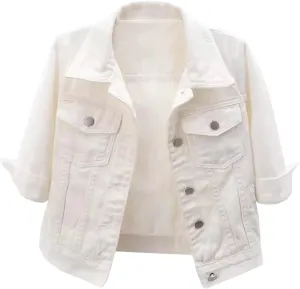 Womens Cropped Denim Jacket 3/4 Sleeve Short Jean Jacket Button Down Retro Lightweight Trucker Coat
