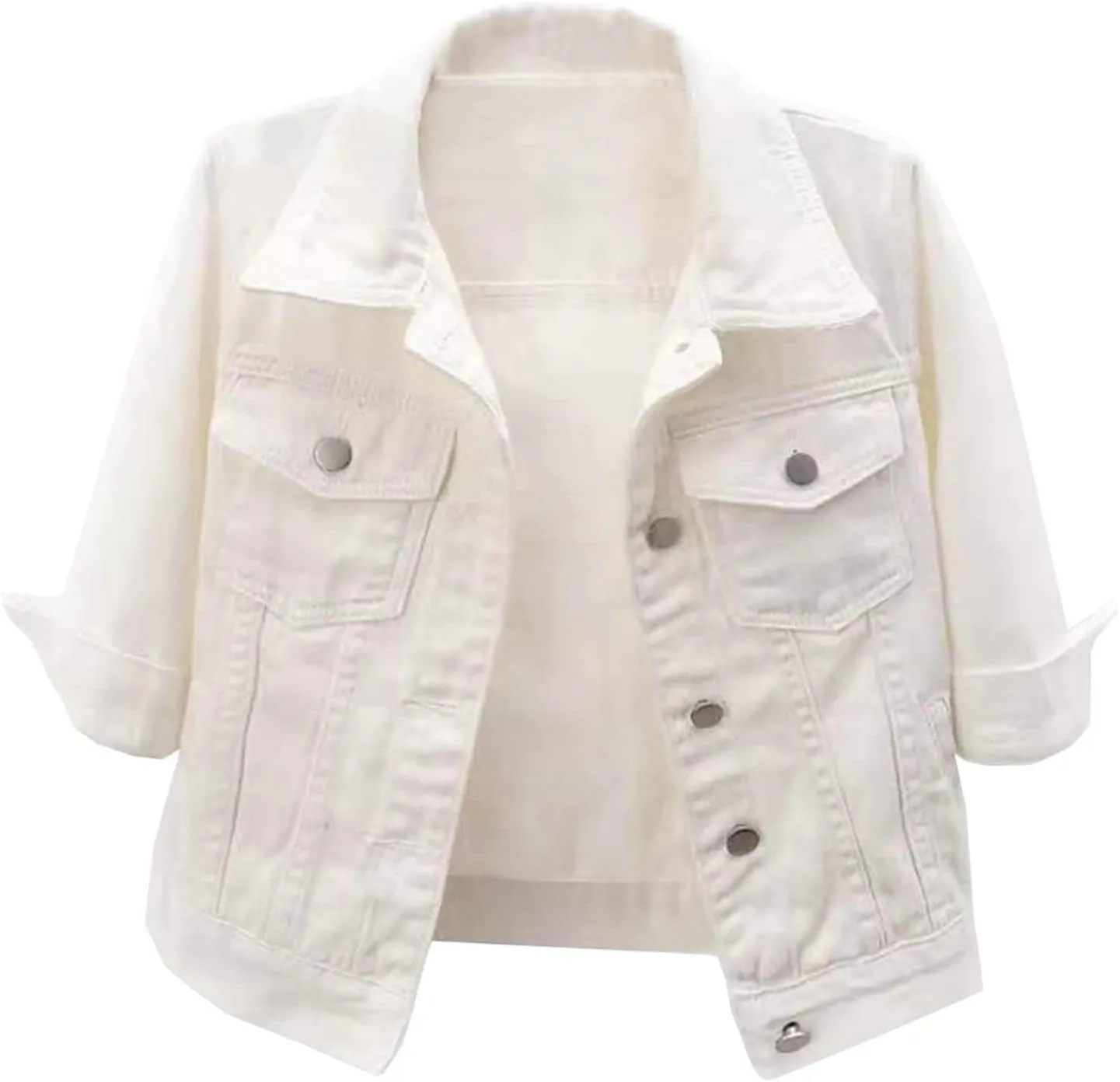 Womens Cropped Denim Jacket 3/4 Sleeve Short Jean Jacket Button Down Retro Lightweight Trucker Coat