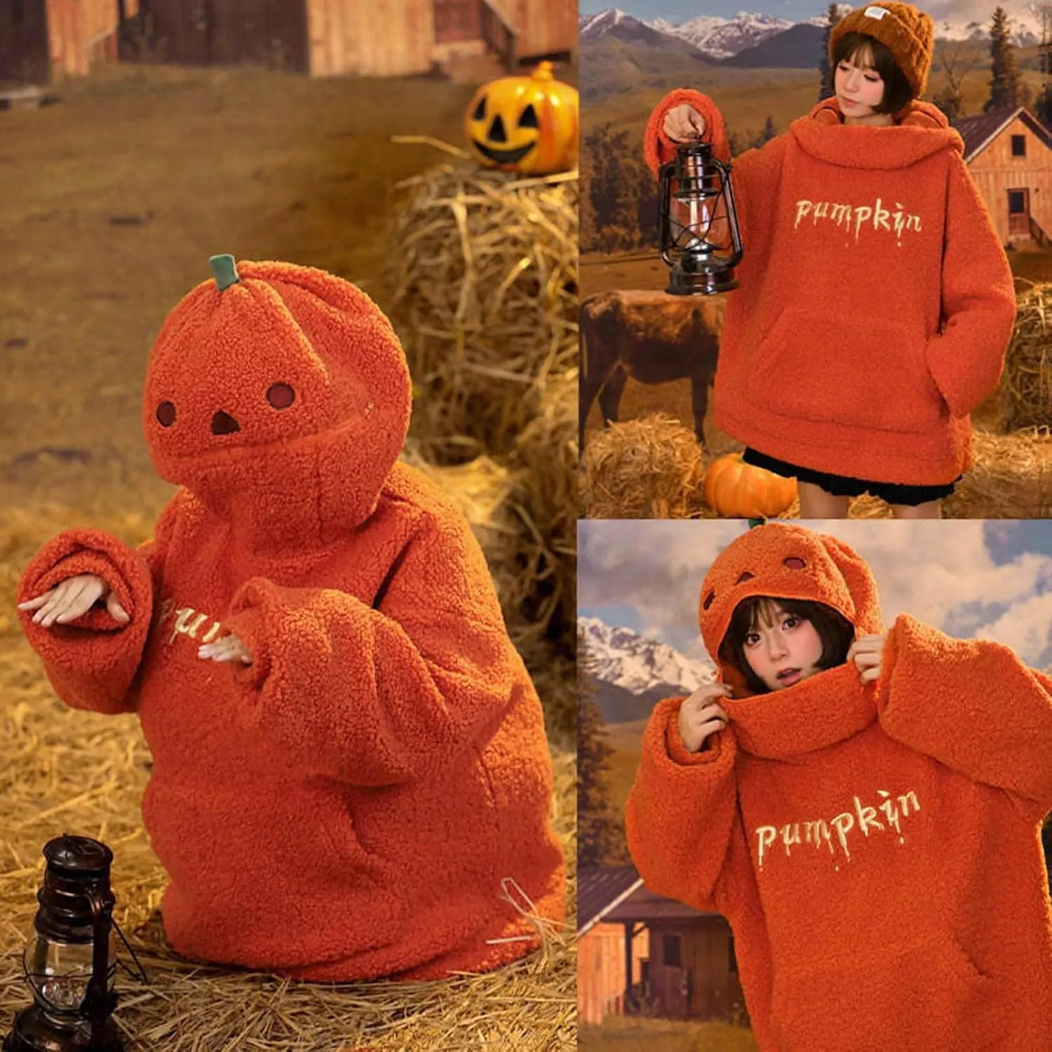 Womens Cute Plush Halloween Hoodies 2024 Pumpkin Embroidery Fleece Sweatshirt Oversized Pullover Tops with Pocket