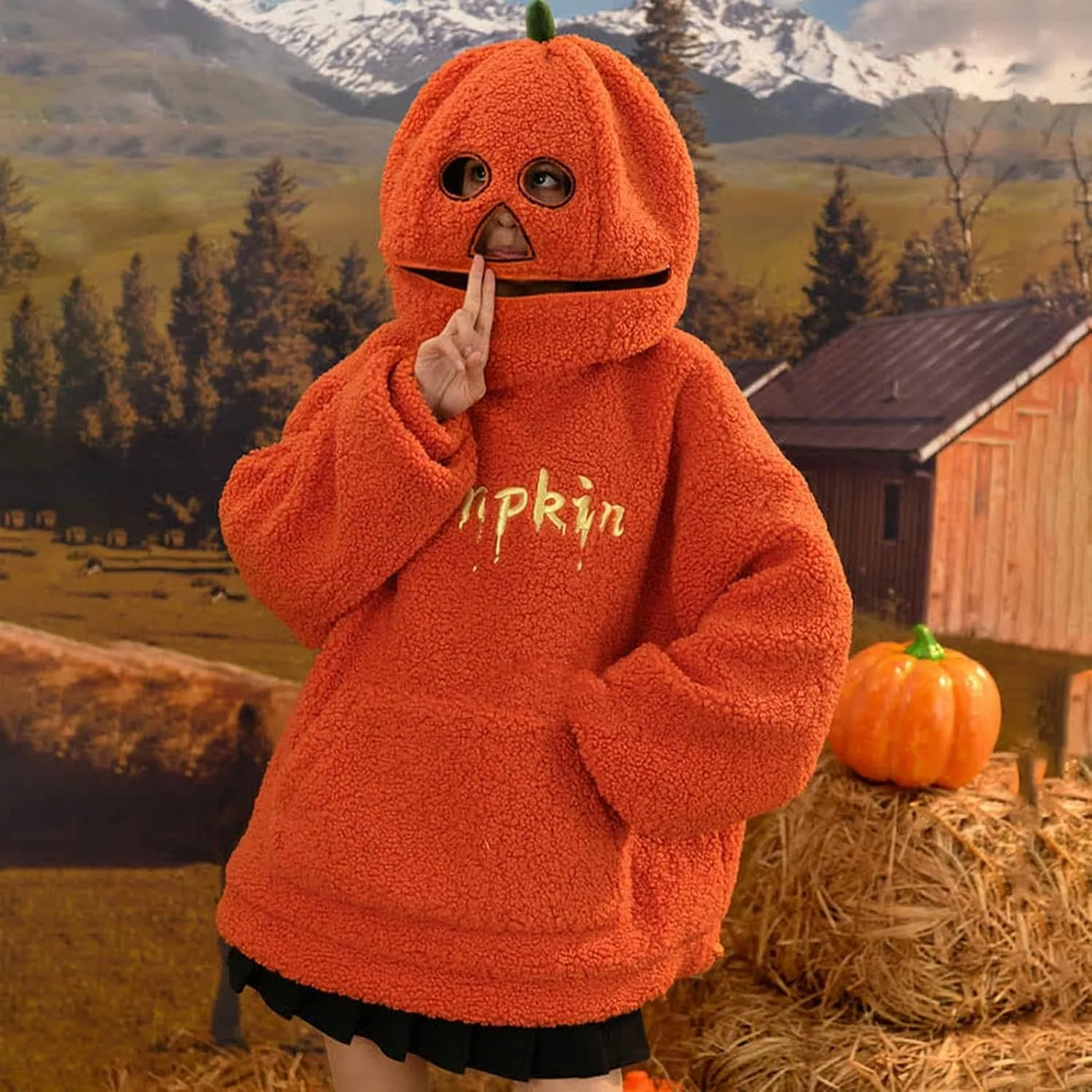 Womens Cute Plush Halloween Hoodies 2024 Pumpkin Embroidery Fleece Sweatshirt Oversized Pullover Tops with Pocket